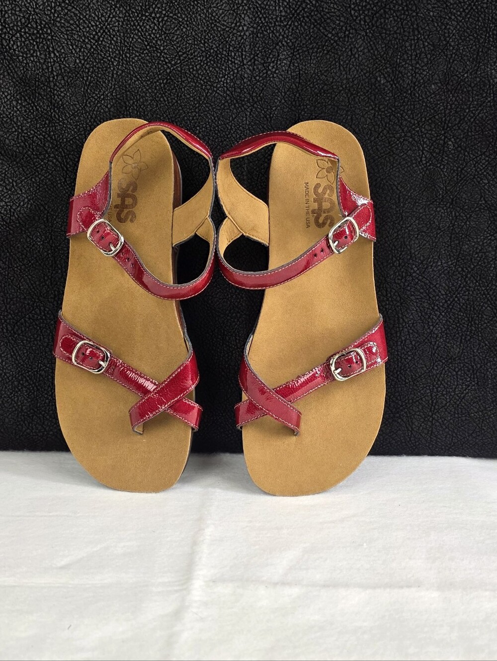 SAS Women's Patent Red Buckle Cross-Strap Sandals!